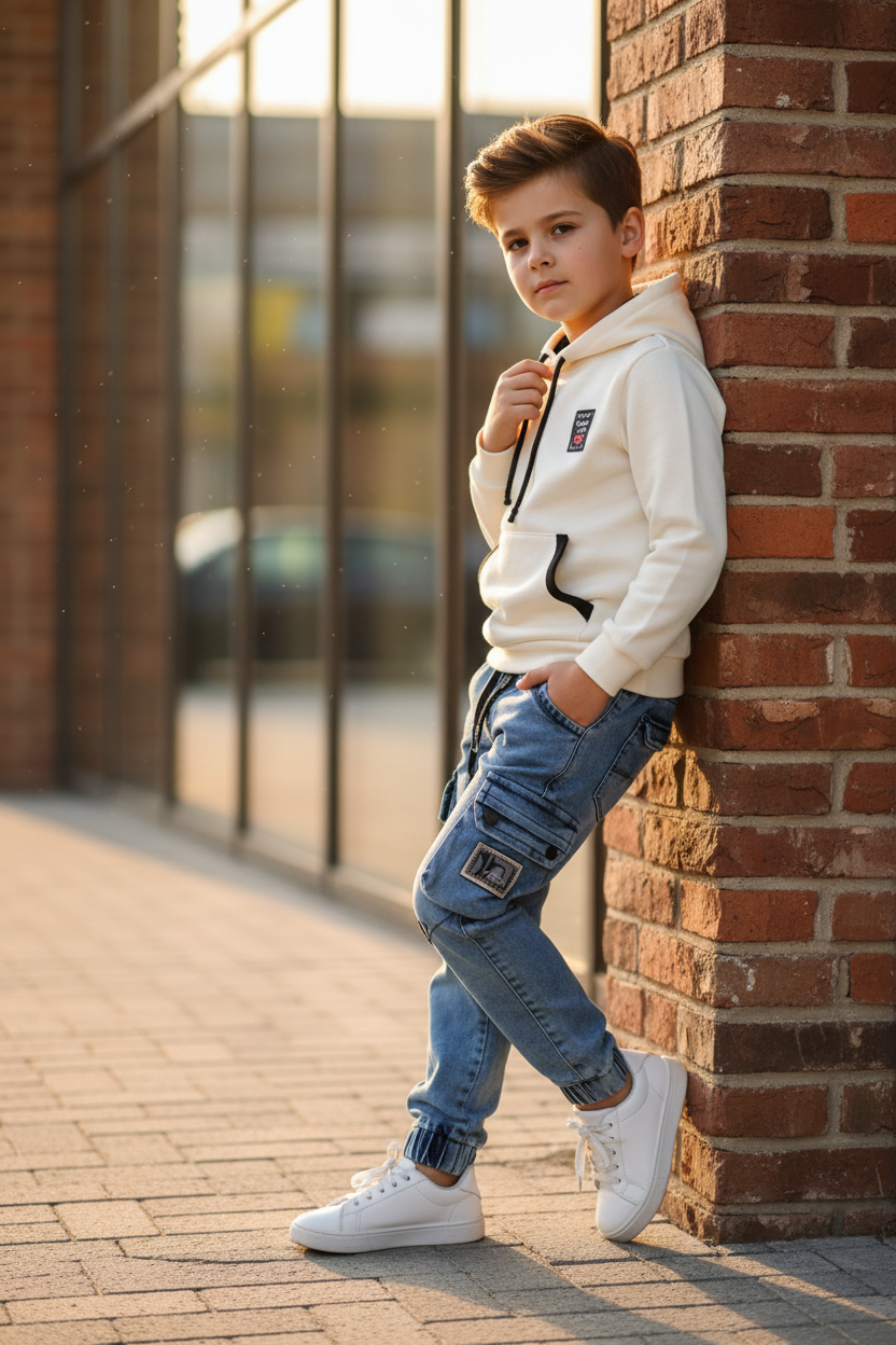 Boy wearing denim cargo pants - urban setting