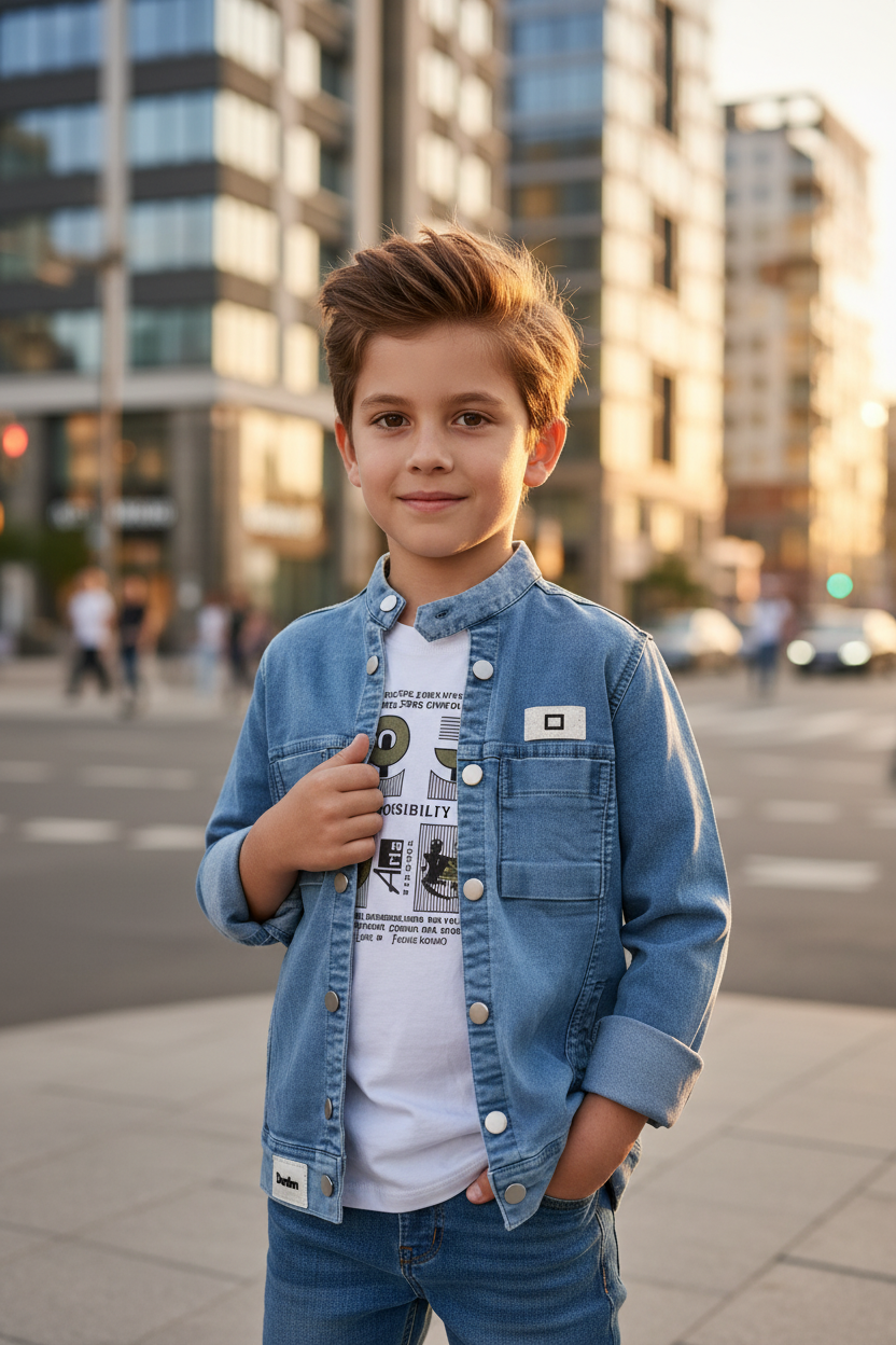 Boy wearing denim jacket and t-shirt - urban setting