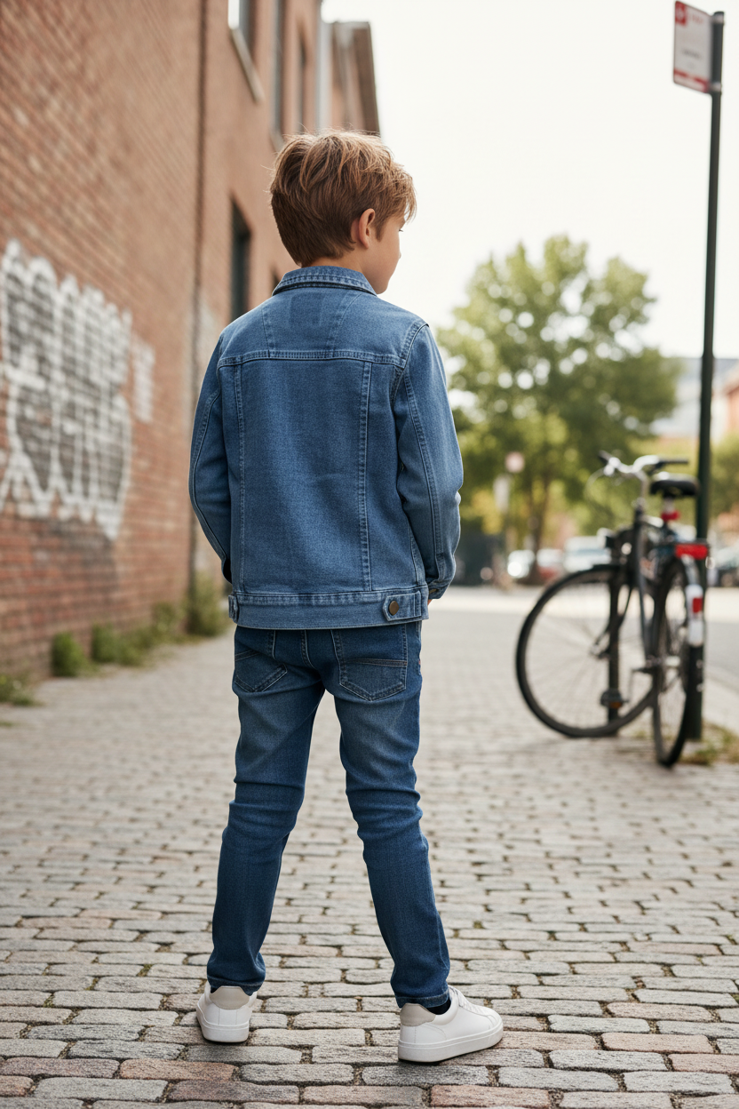 Boy wearing denim jacket - back view street style