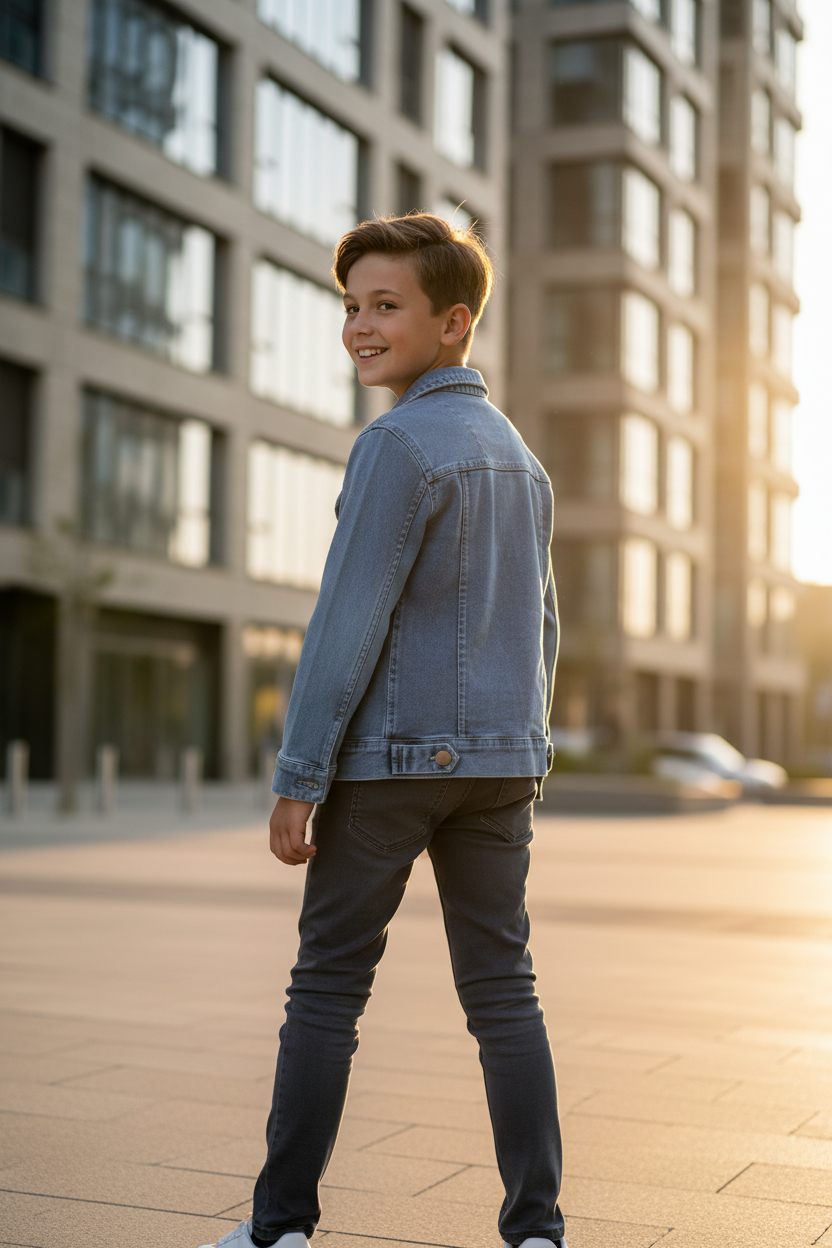 Boy wearing denim jacket - back view urban setting