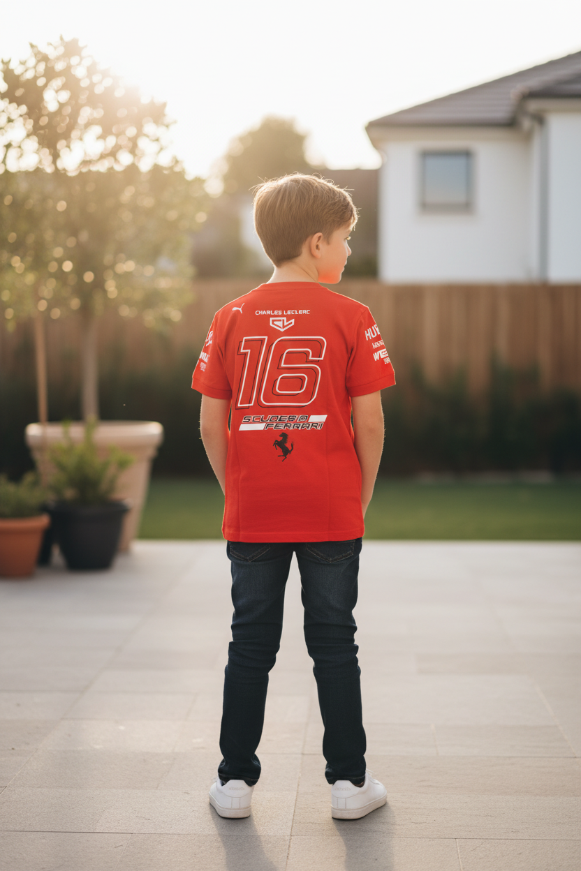 Boy wearing Ferrari racing t-shirt - back view