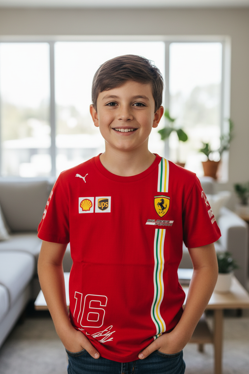 Boy wearing Ferrari racing t-shirt - front view