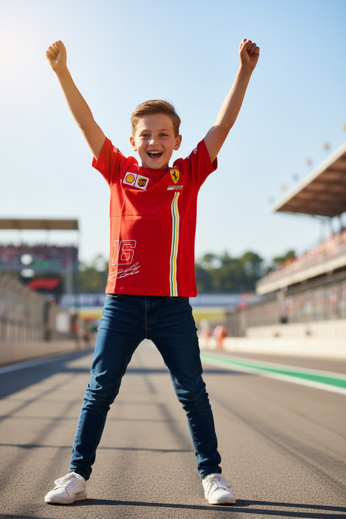 Boy wearing Ferrari racing t-shirt - victory pose