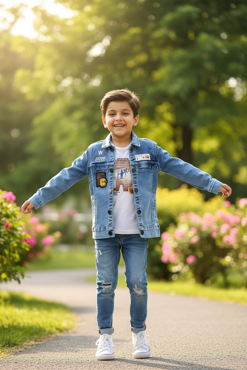 Boy wearing full sleeve denim jacket - park setting