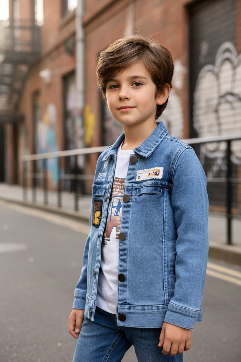 Boy wearing full sleeve denim jacket - street style