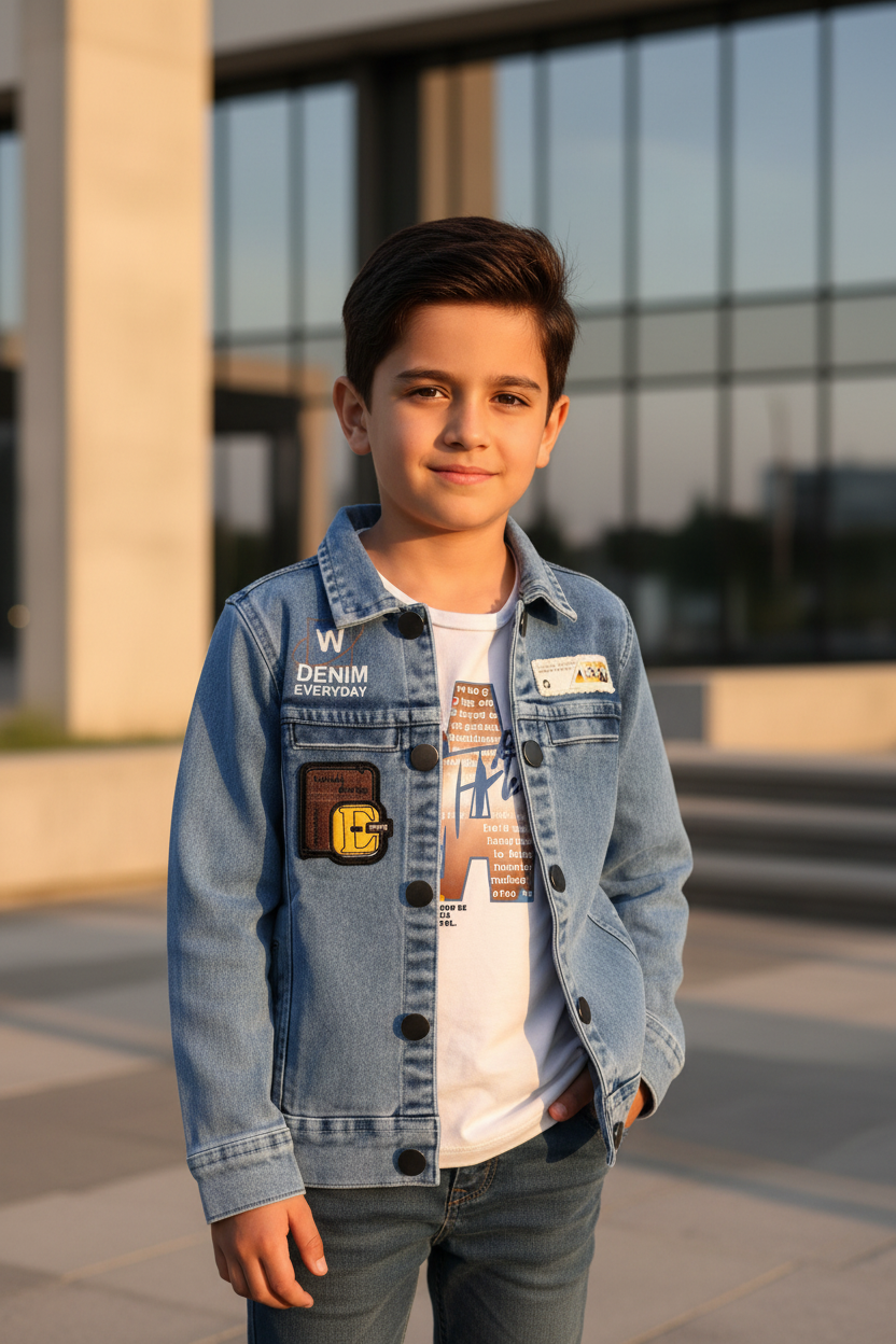 Boy wearing full sleeve denim jacket - urban setting