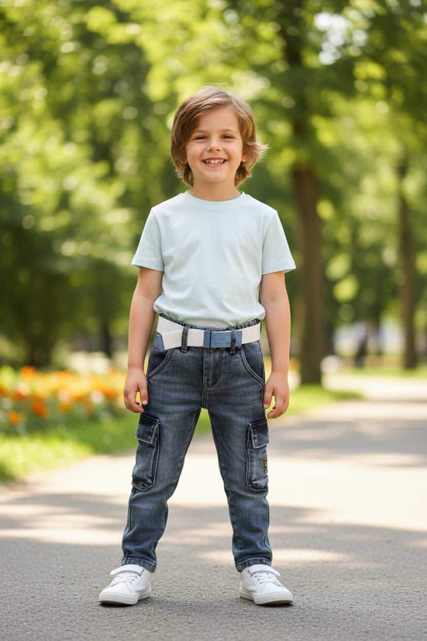 Boy wearing grayish cargo denim pants - standing