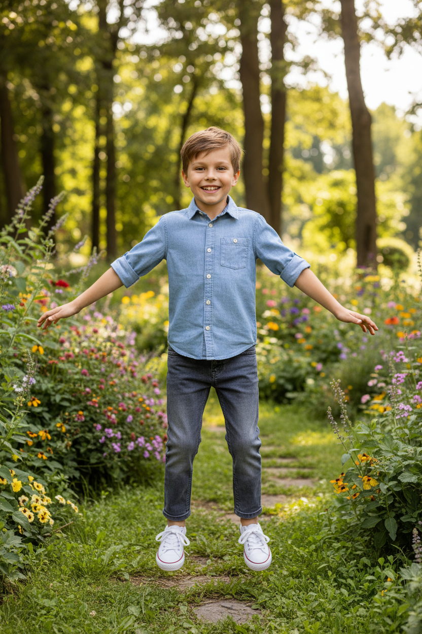 Boy wearing grey denim jeans - park setting