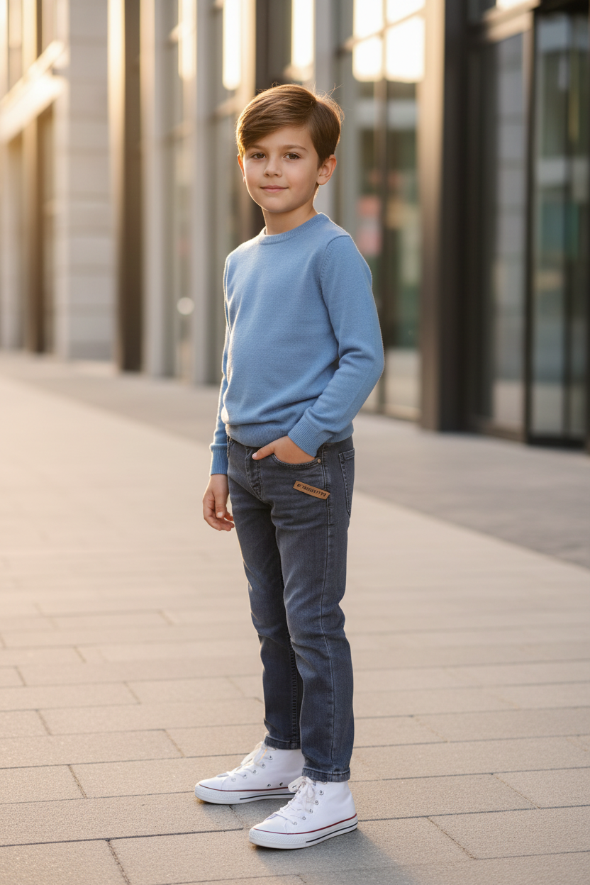 Boy wearing grey denim jeans - urban setting