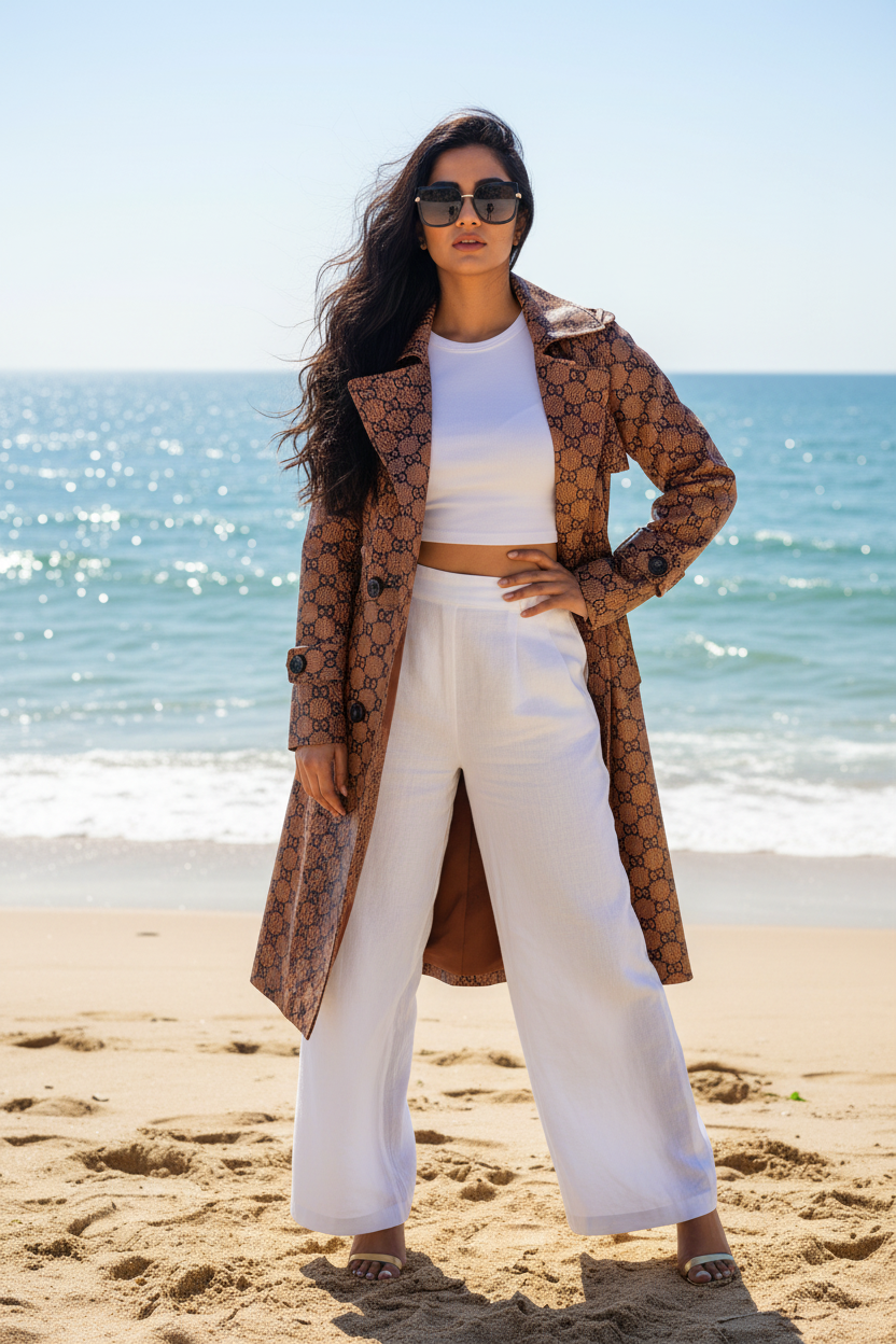 Brown Trench - White Pants