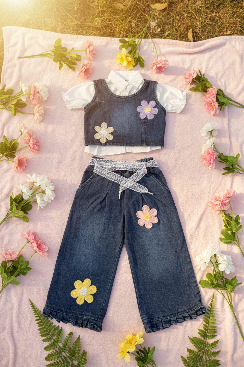 Complete denim flower co-ord set - lifestyle outdoor setting