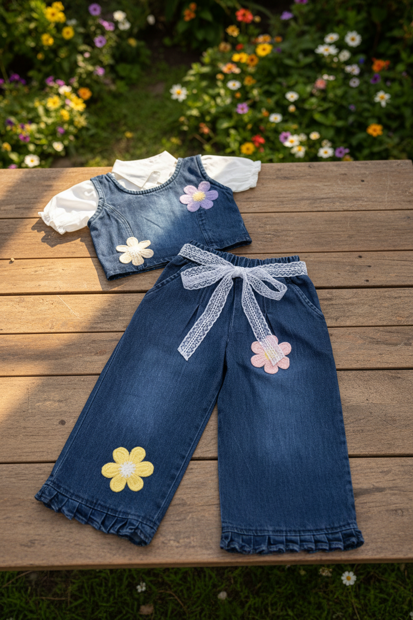 Complete denim flower co-ord set - rustic wooden background