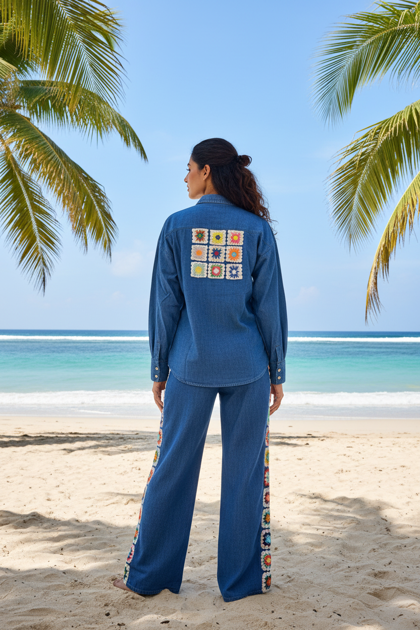 Crochet Patch Denim 2-Piece Set - Back View Model