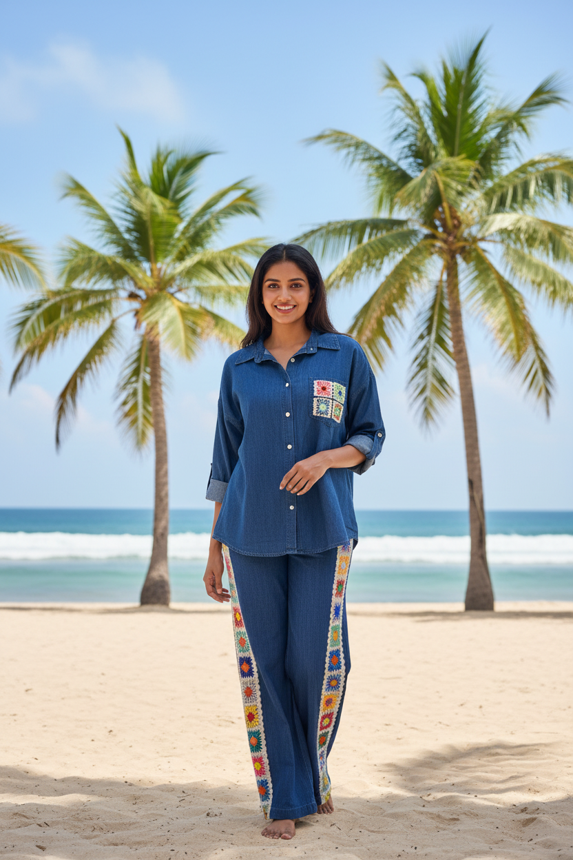 Crochet Patch Denim 2-Piece Set - Dark Blue Indian Model