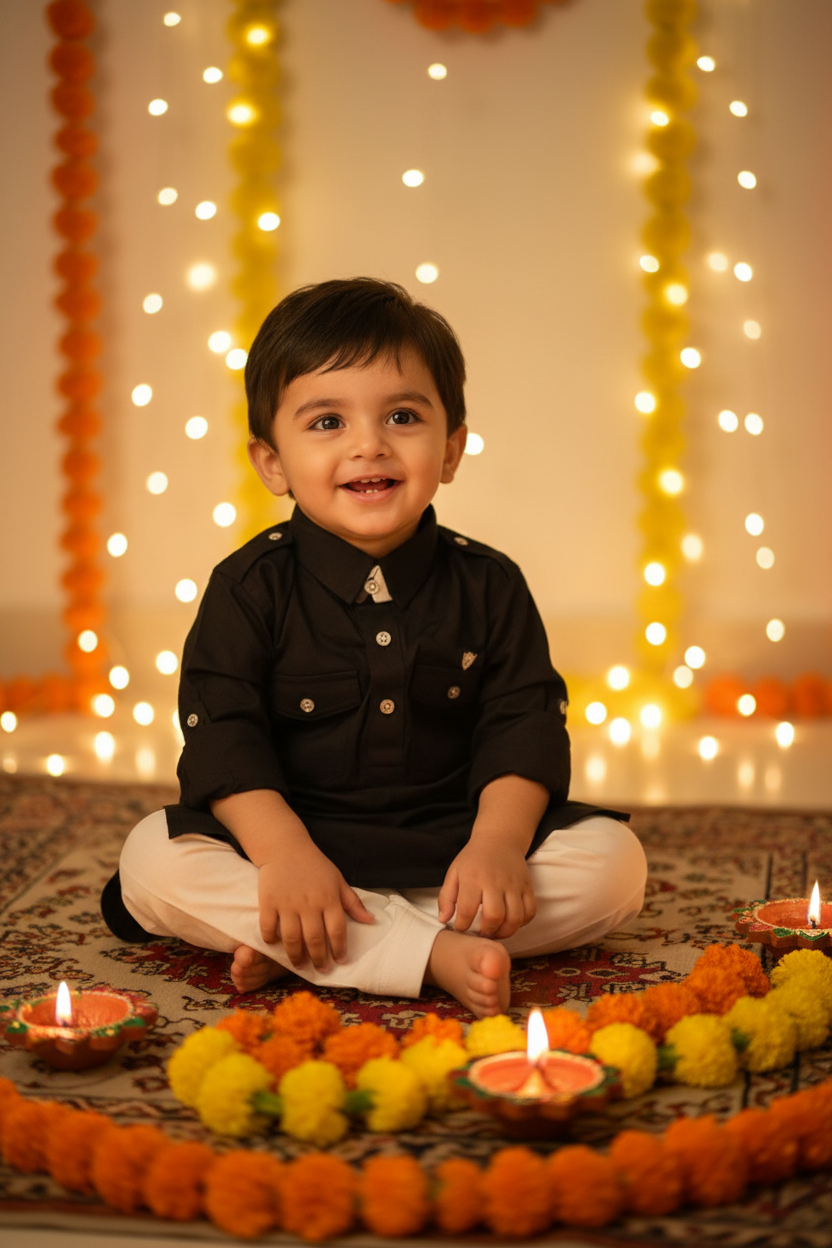 Cute toddler in kurta pajama with Diwali decorations