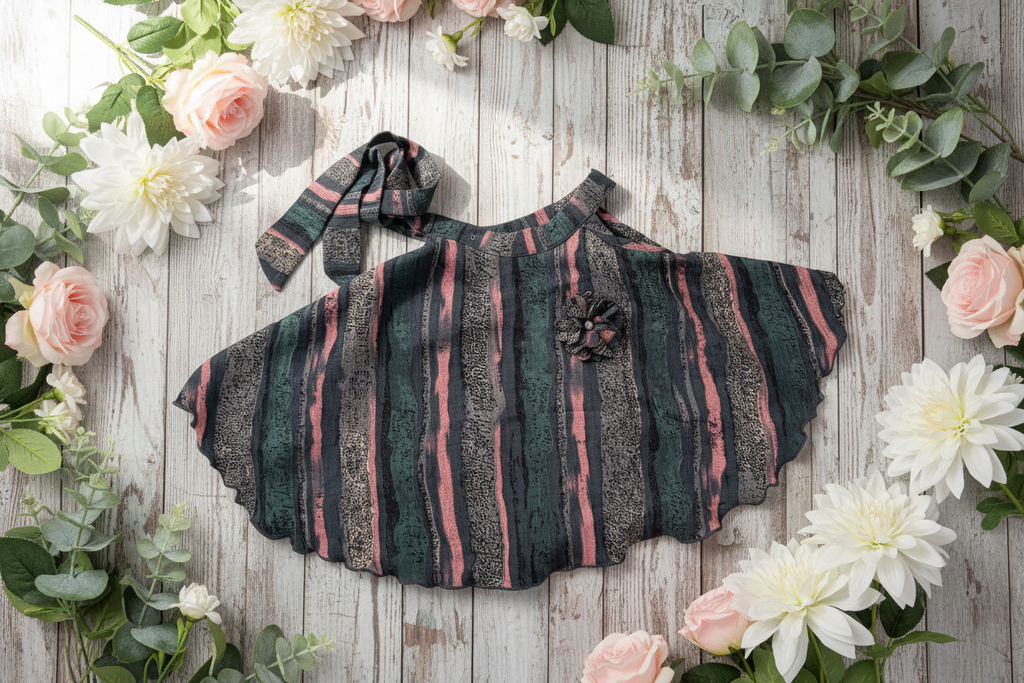 Dark striped top flat lay on rustic wood with flowers