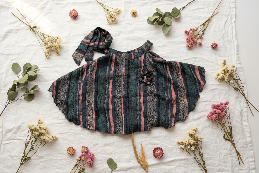 Dark striped top on white linen with dried flowers