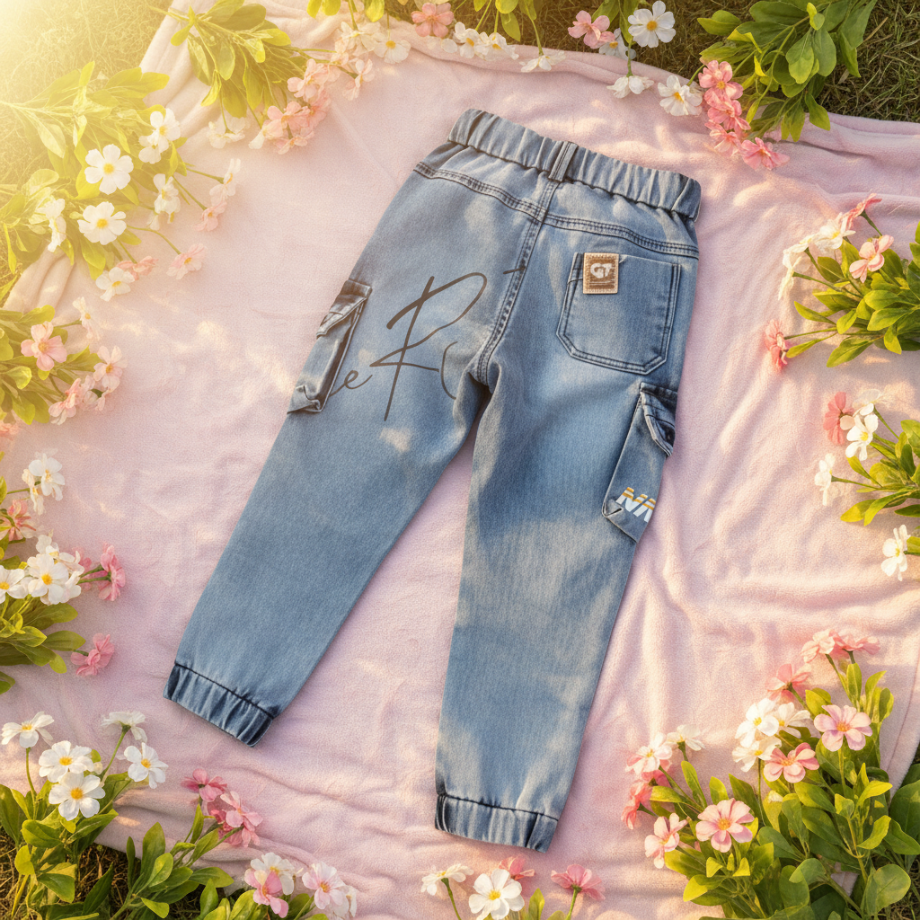 Denim cargo pants back view - lifestyle outdoor setting