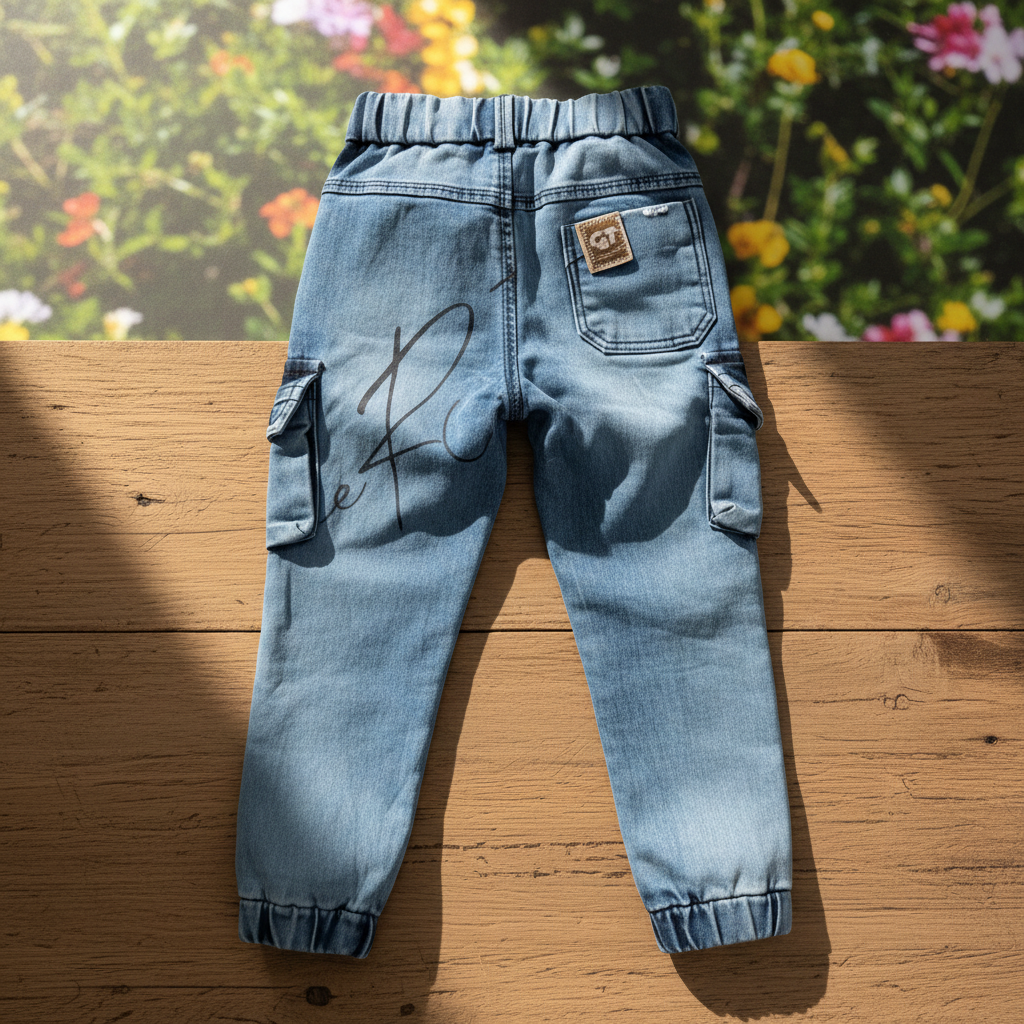 Denim cargo pants back view - rustic wooden background