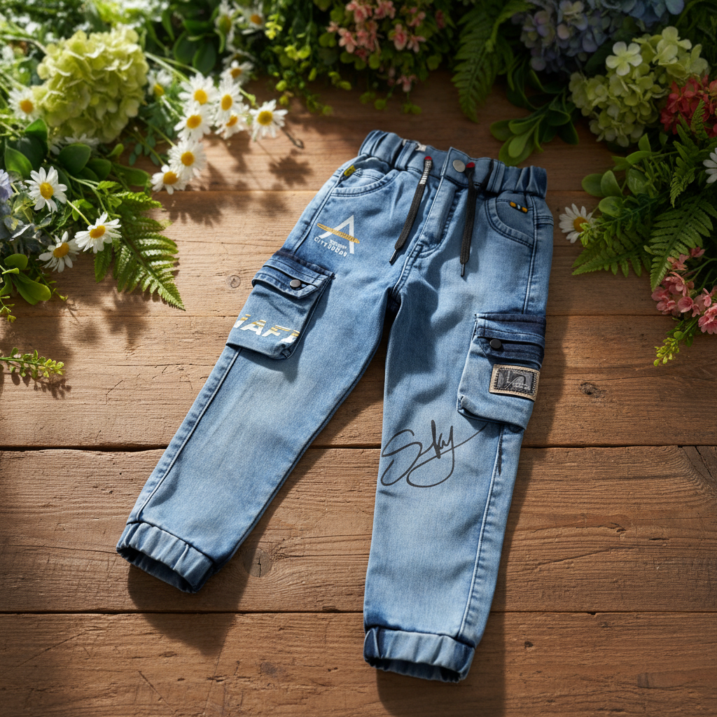 Denim cargo pants - rustic wooden background