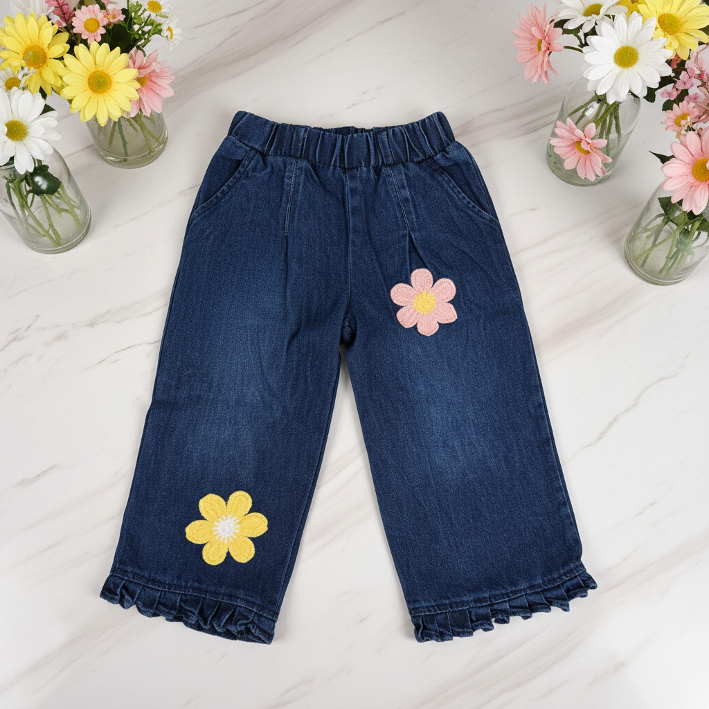 Denim pants with flowers - marble surface