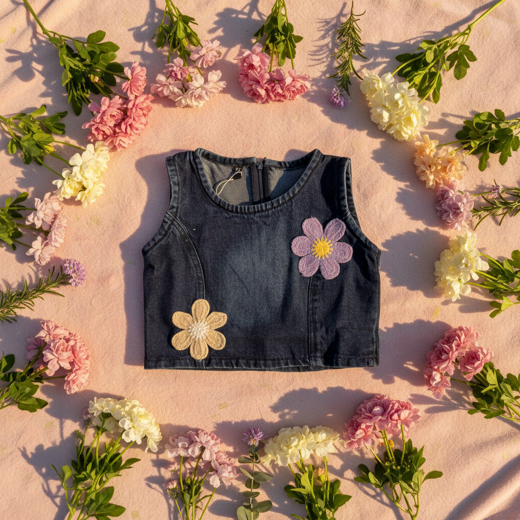 Denim vest with flowers - lifestyle outdoor setting