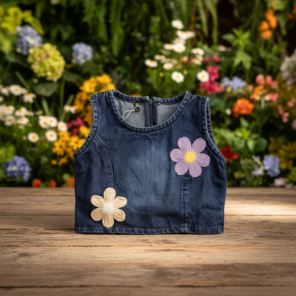 Denim vest with flowers - rustic wooden background