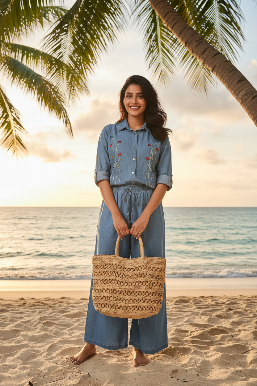 Floral Embroidered Denim 2-Piece Set - Indian Model Clean