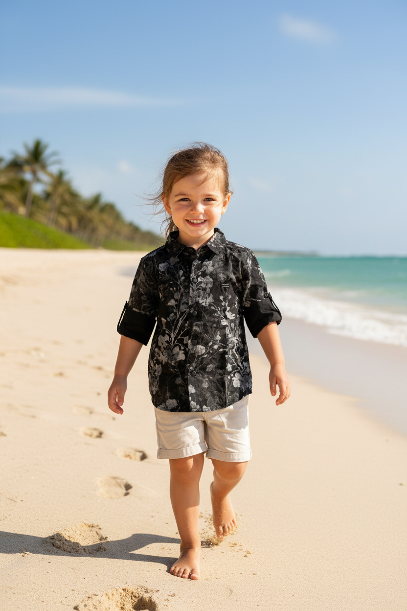 Girl 3-4 years walking on beach in black floral shirt