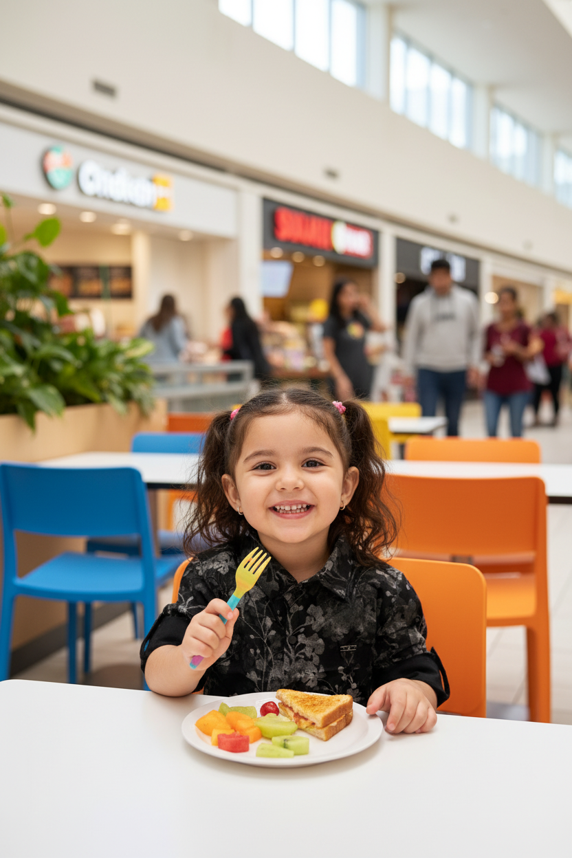 Girl 4-5 years eating in mall food court in black floral shirt