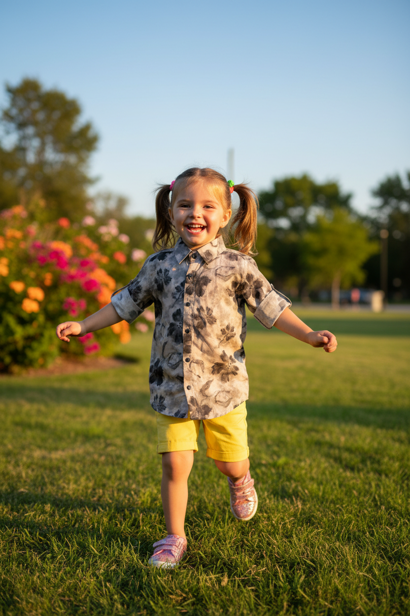 Girl 4-5 years in grey watercolor floral shirt