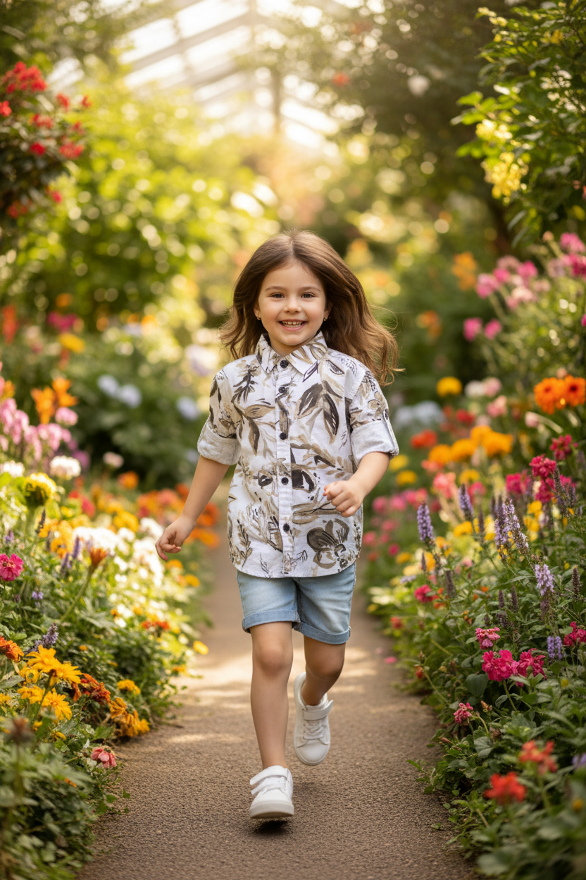 Girl 4-5 years in tropical botanical shirt