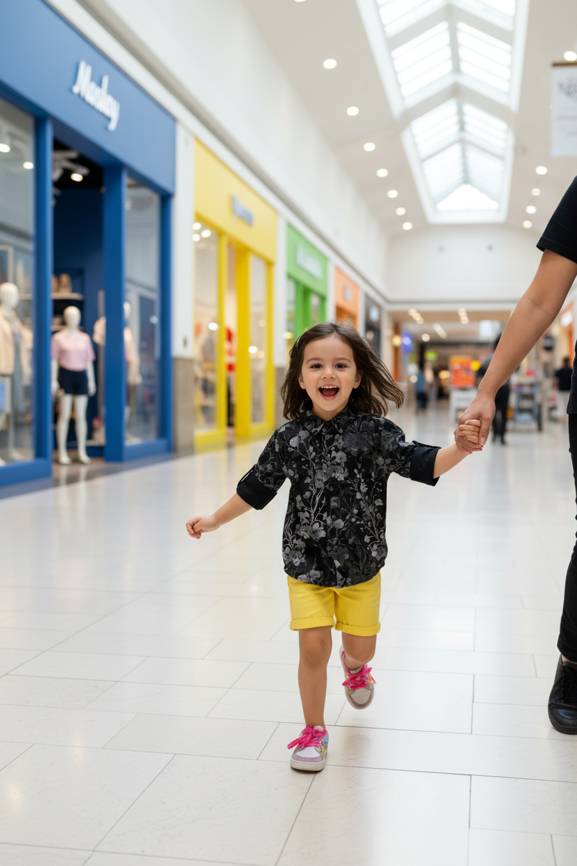 Girl 4-5 years walking in shopping mall in black floral shirt