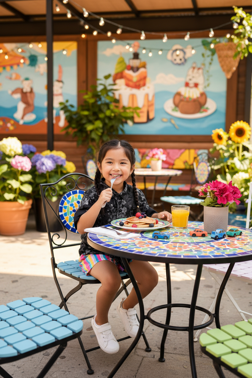 Girl 5-6 years eating at cafe in black floral shirt