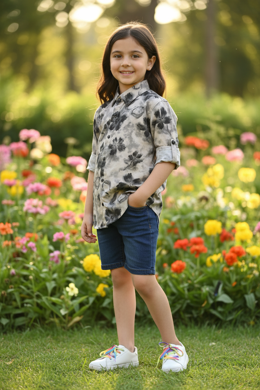Girl 5-6 years in grey watercolor floral shirt