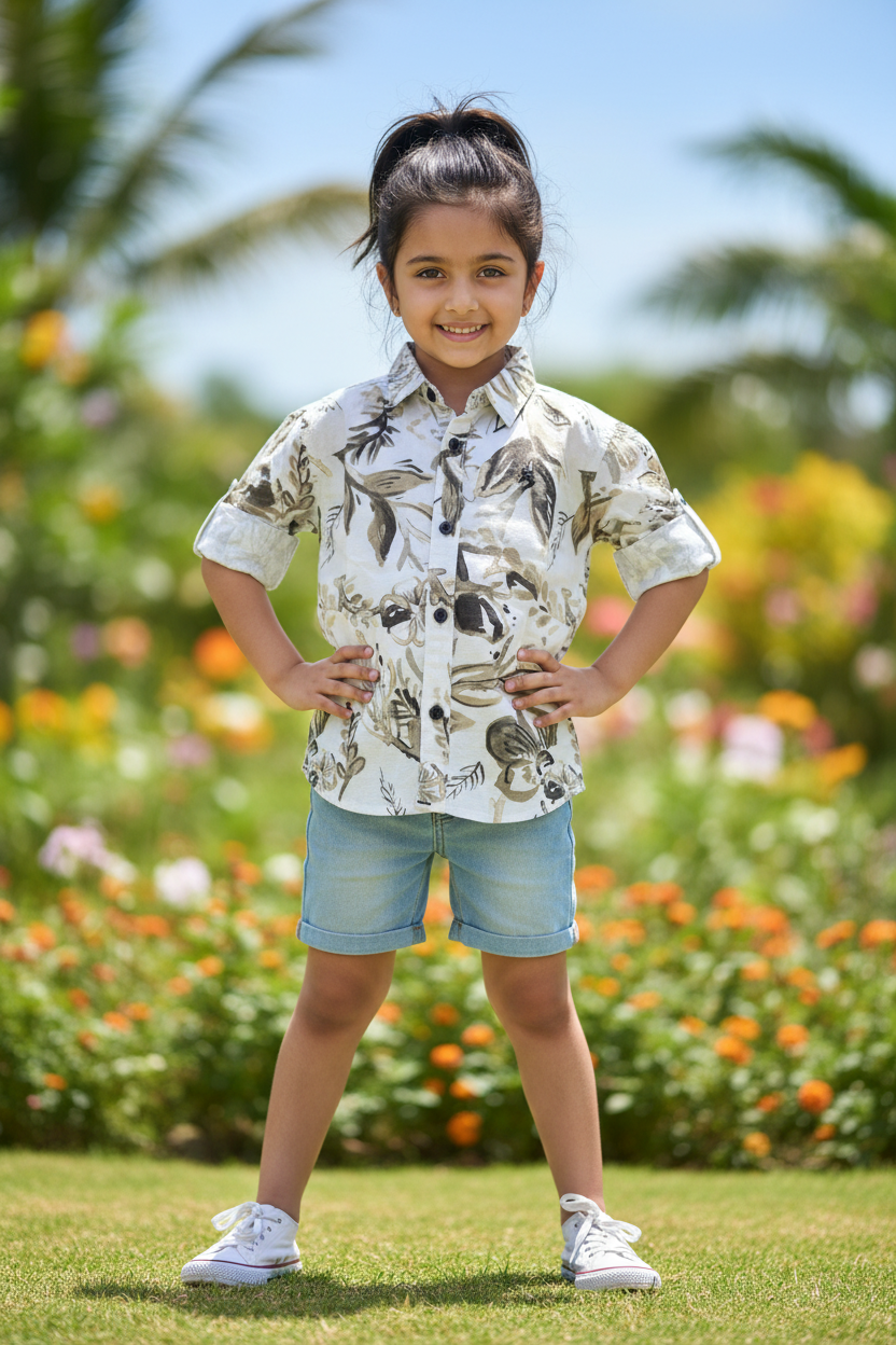 Girl 5-6 years in tropical floral shirt