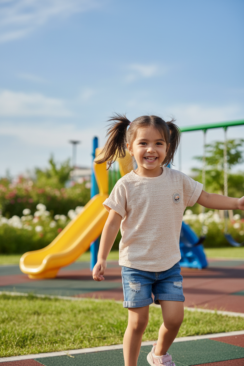 Girl 7-8 years in beige t-shirt with shorts at park