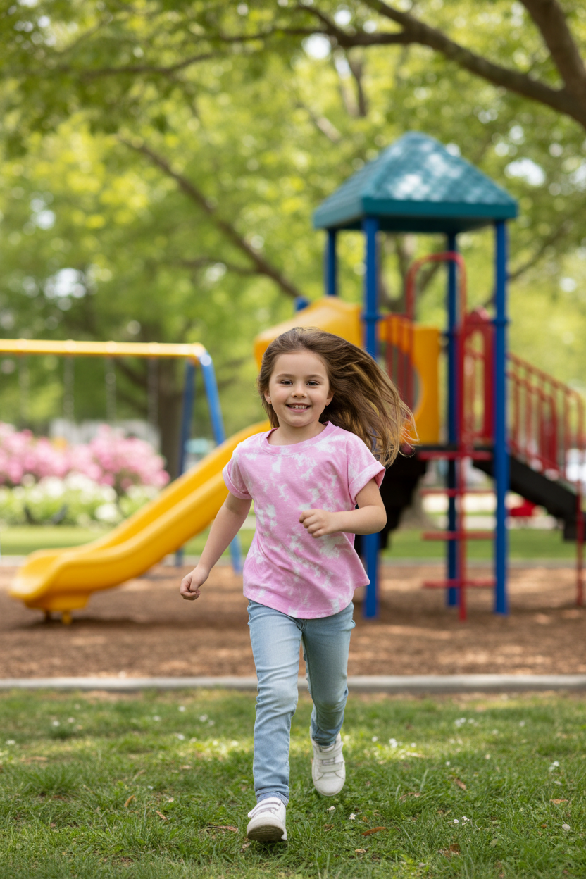 Girl 7-8 years in pink camo t-shirt with jeans