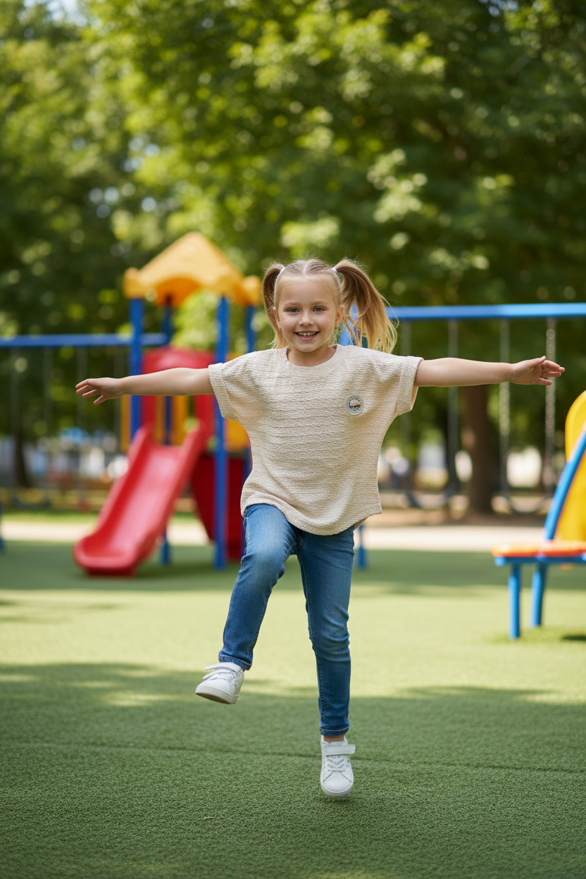 Girl 7-8 years running in beige t-shirt with jeans