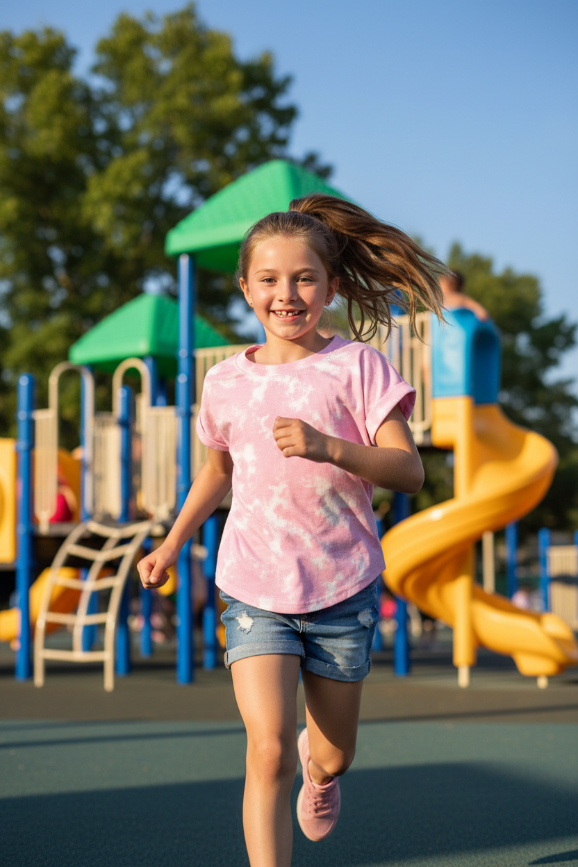 Girl 8-9 years in pink camo t-shirt with shorts