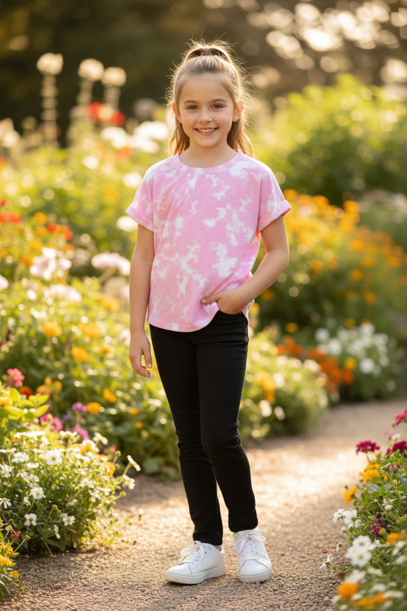 Girl 9-10 years in pink camo t-shirt with black pants