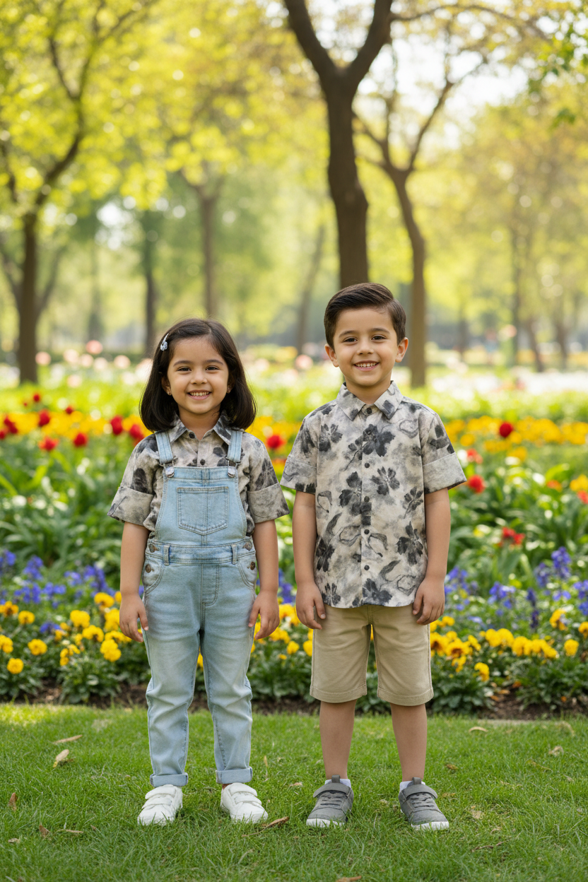 Girl and boy together in matching grey watercolor floral shirts