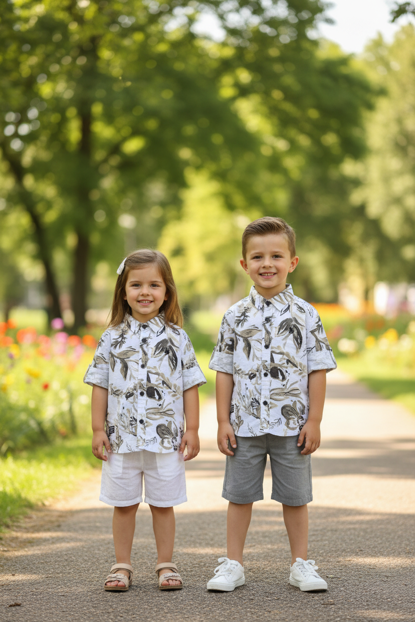 Girl and boy together in matching tropical floral shirts