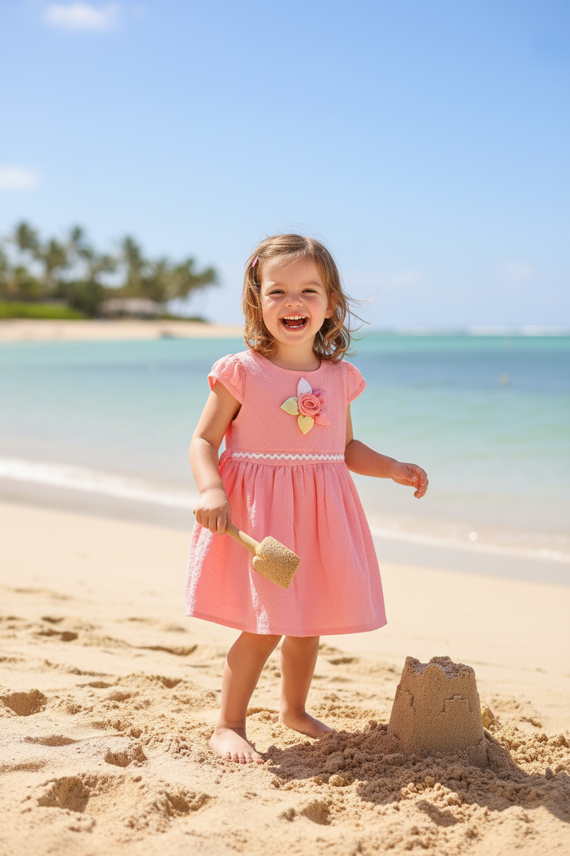 Girl at beach wearing pink floral dress