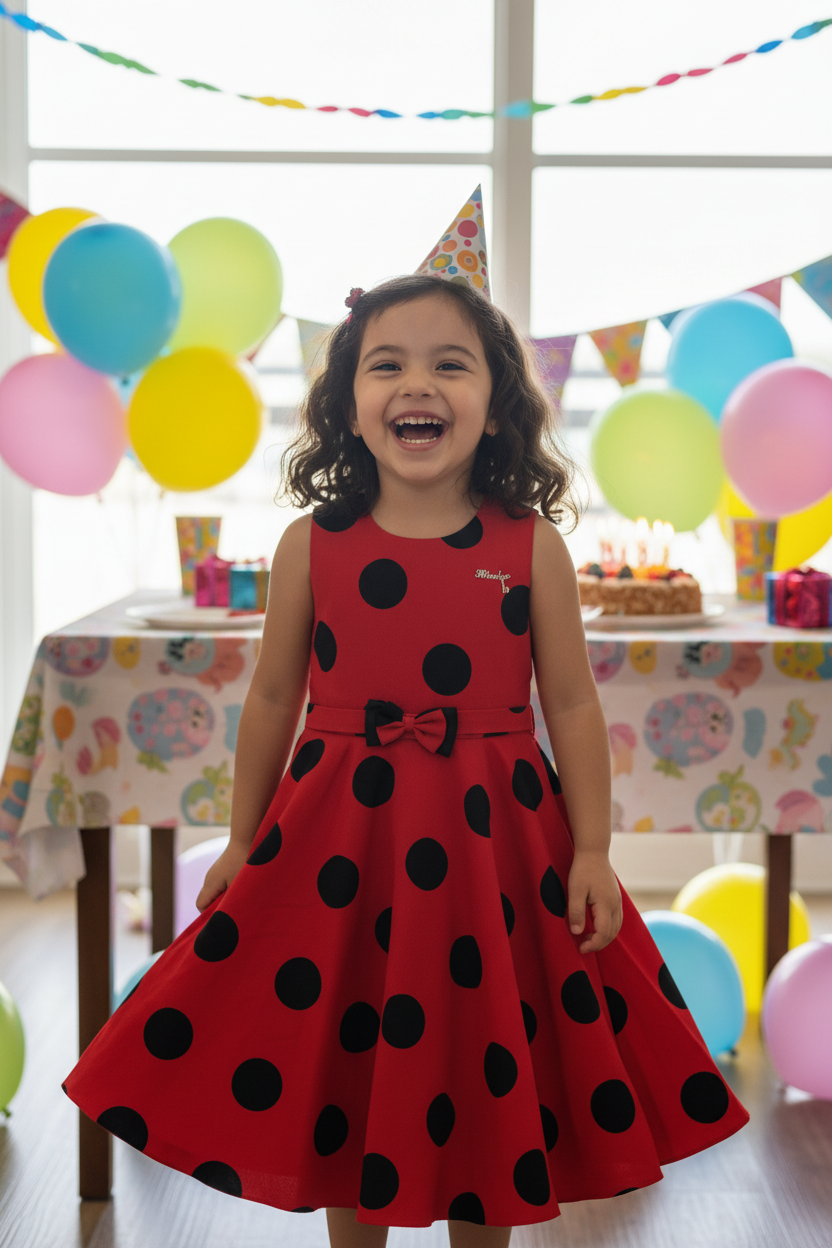 Girl at birthday party wearing red polka dot dress