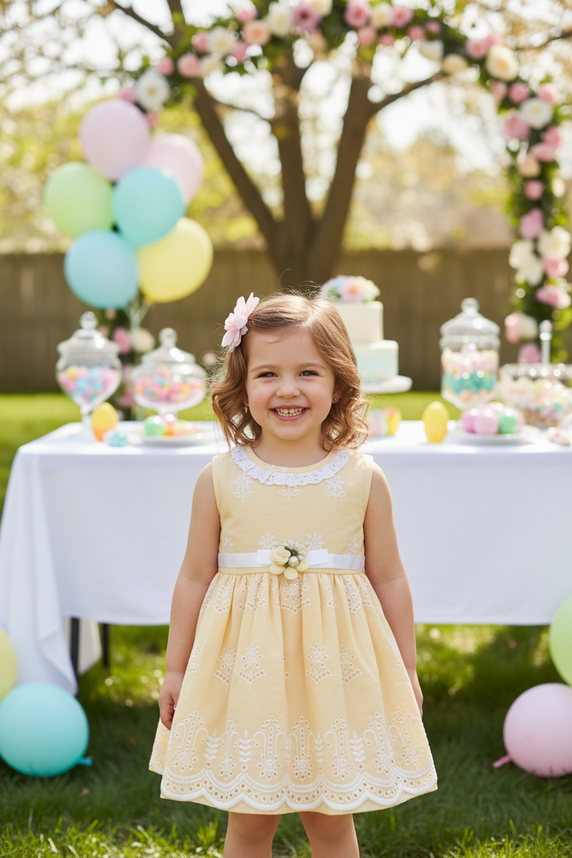 Girl at Easter celebration wearing peach eyelet dress
