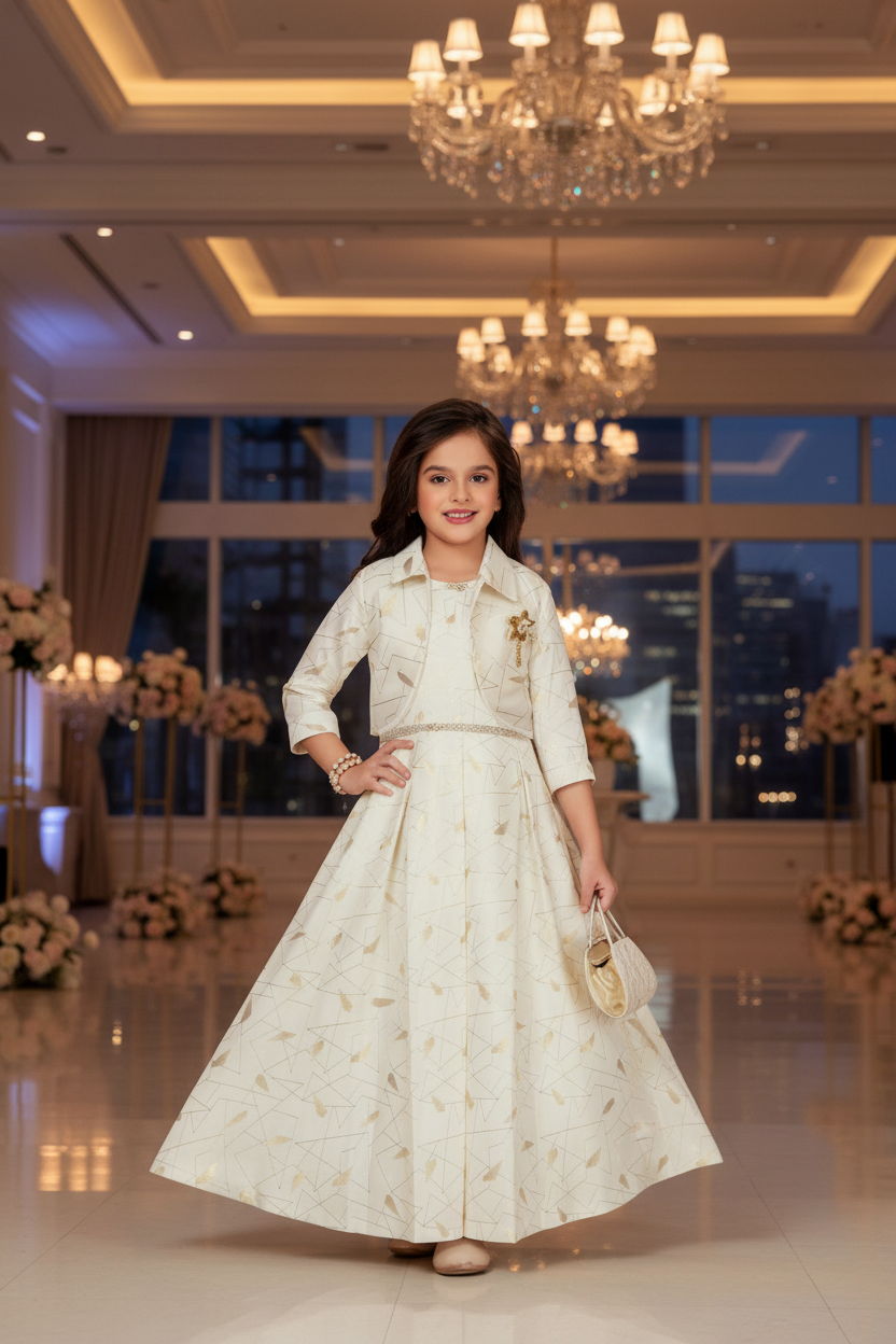 Girl at elegant event wearing cream gown, jacket and purse