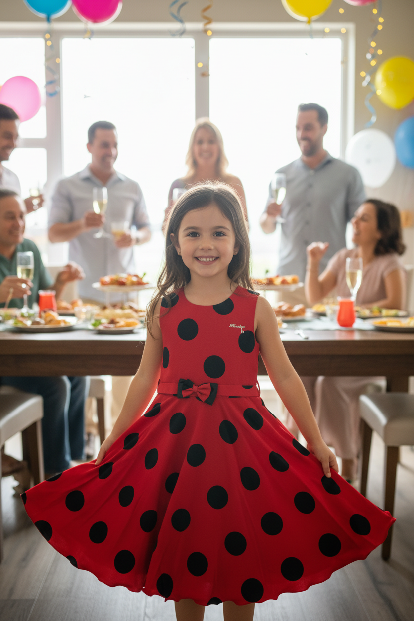 Girl at family gathering wearing red polka dot dress