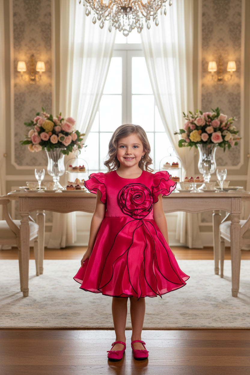 Girl at fancy tea party wearing hot pink satin dress