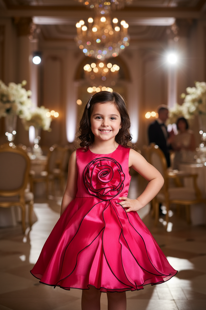 Girl at formal event wearing hot pink satin dress